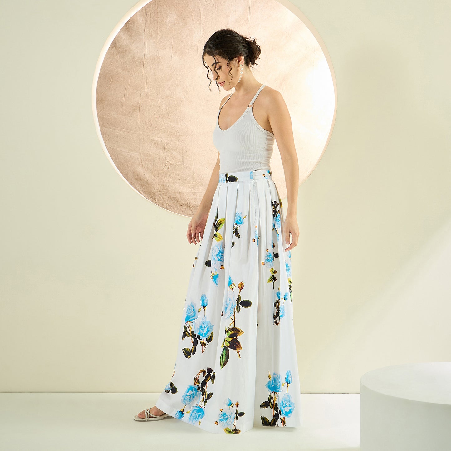 White and Light Blue Floral Long Skirt