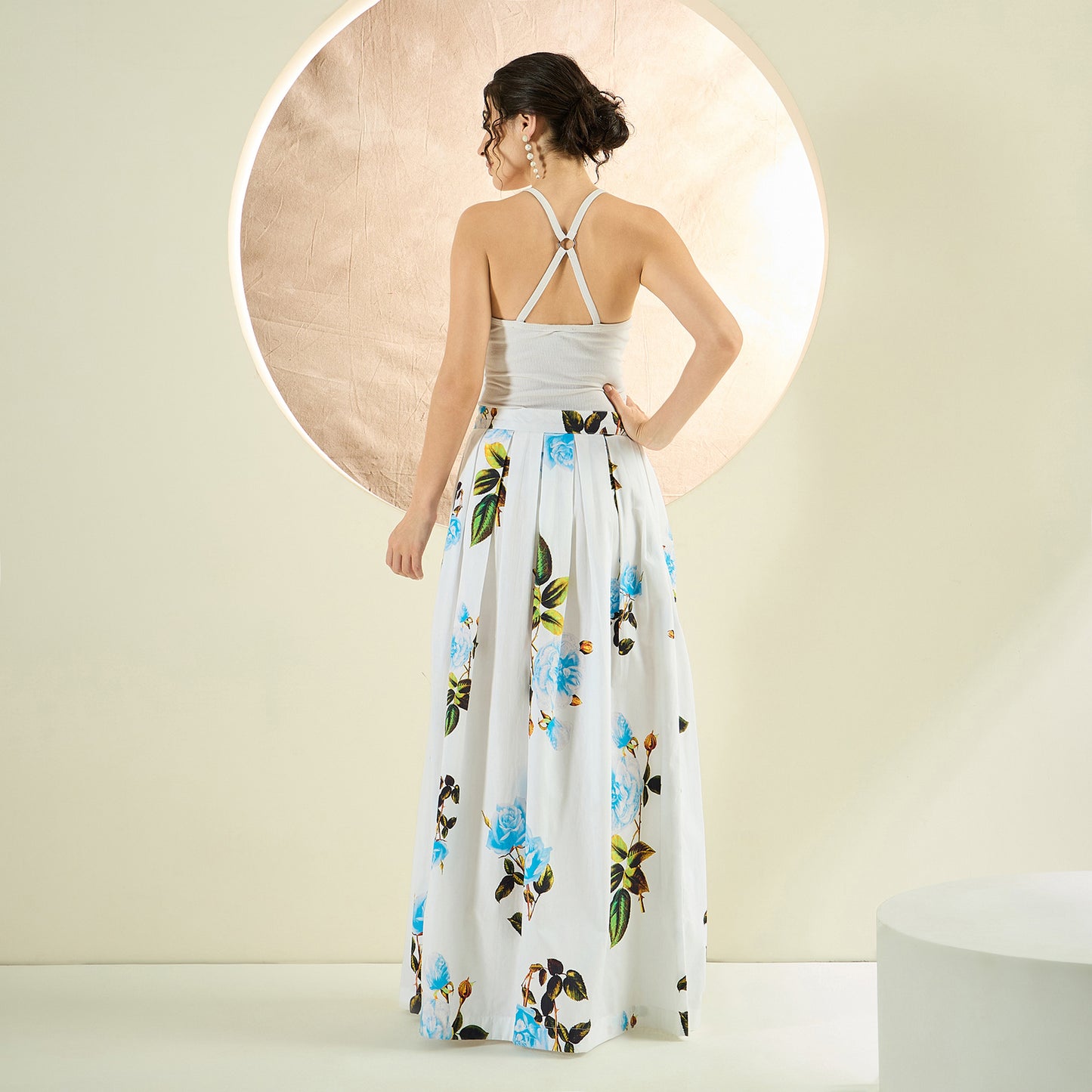 White and Light Blue Floral Long Skirt