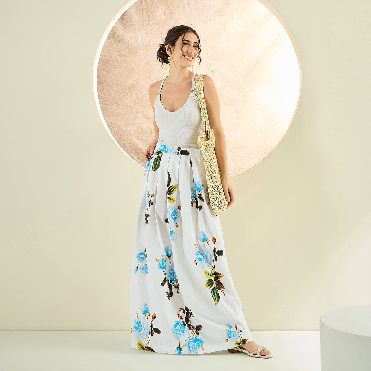 White and Light Blue Floral Long Skirt