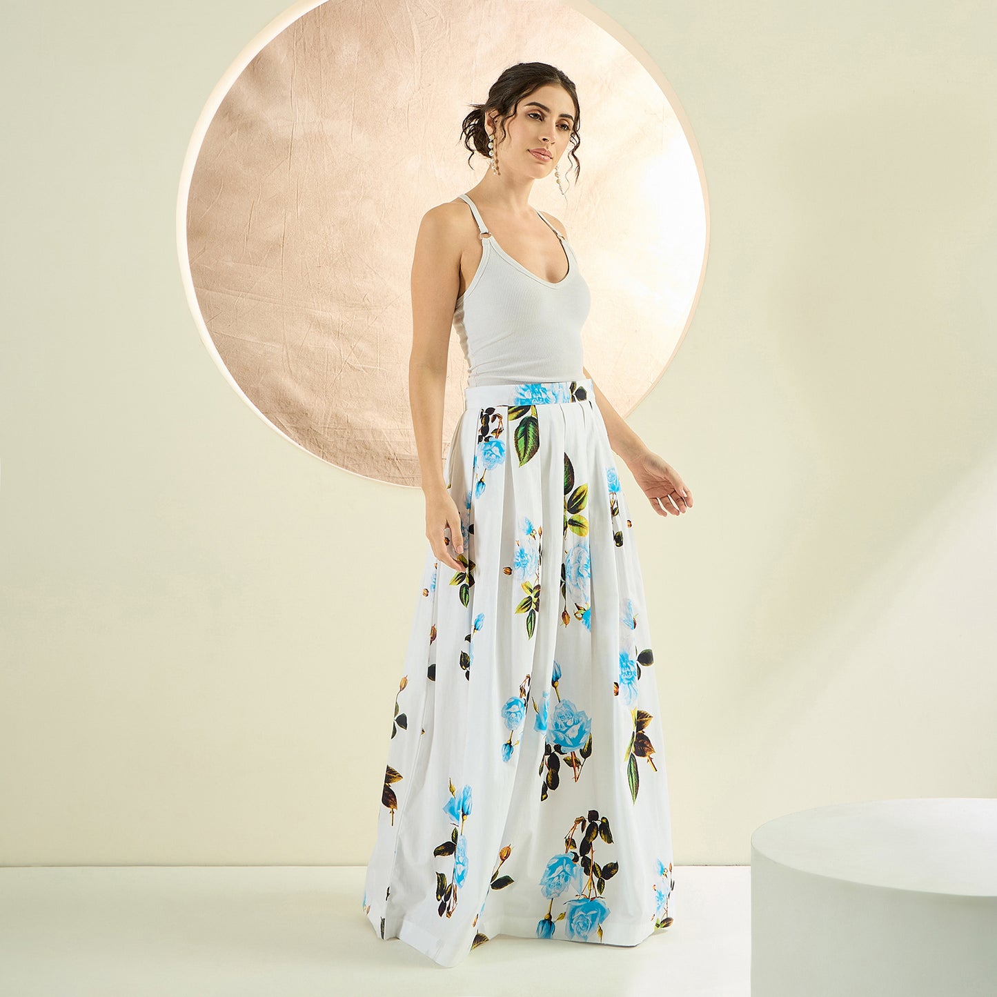 White and Light Blue Floral Long Skirt