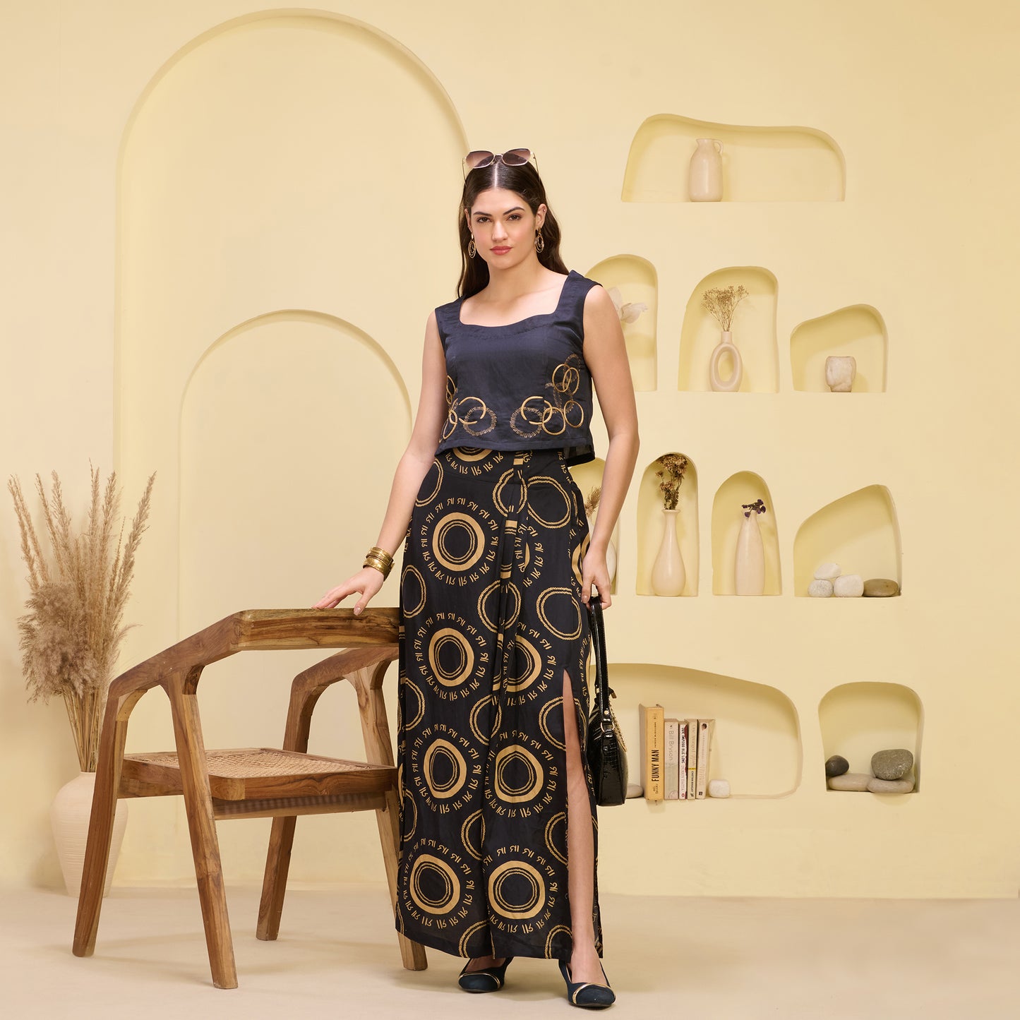 Black and Golden Maa Print Full Length Skirt with Front Slit