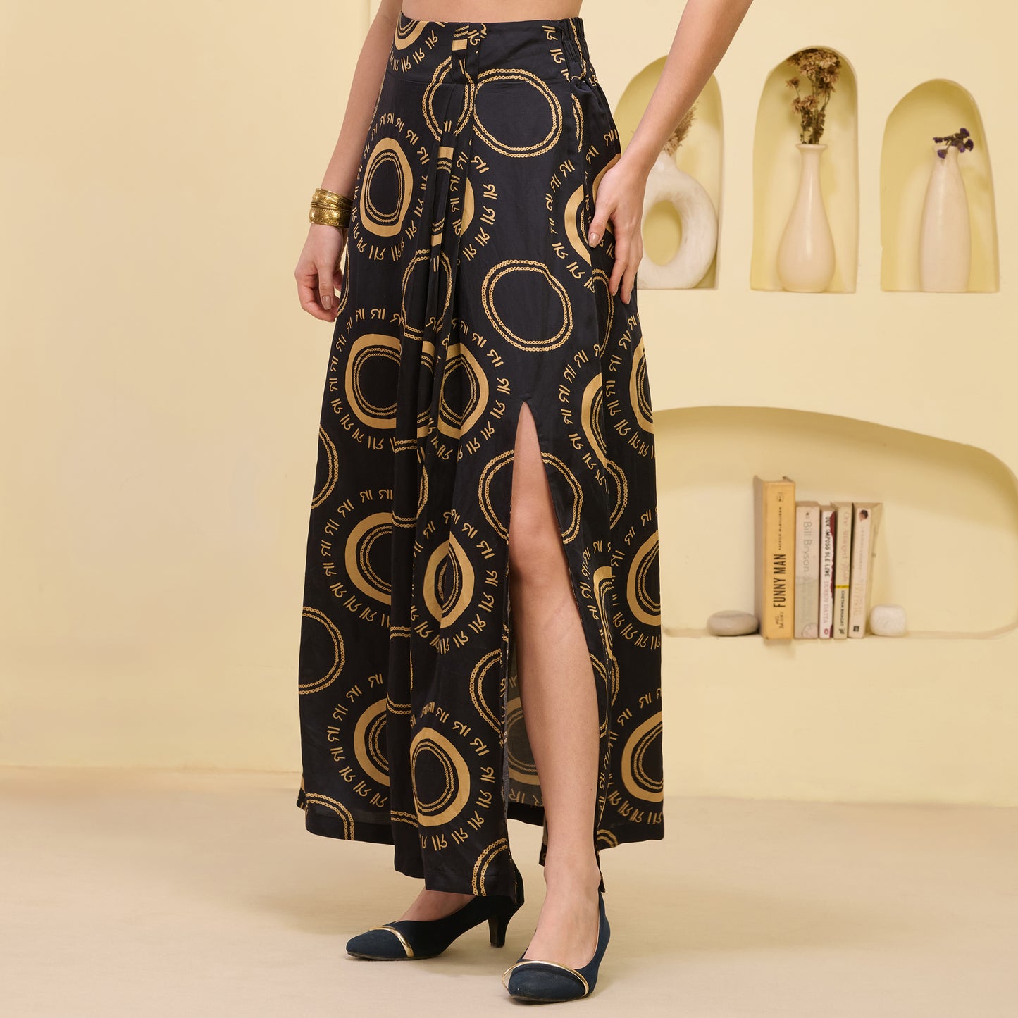 Black and Golden Maa Print Full Length Skirt with Front Slit