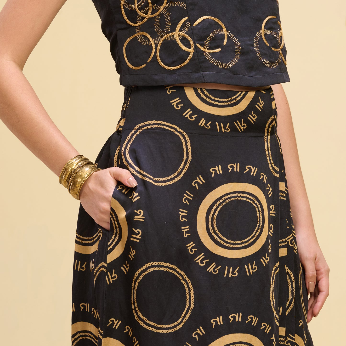 Black and Golden Maa Print Full Length Skirt with Front Slit