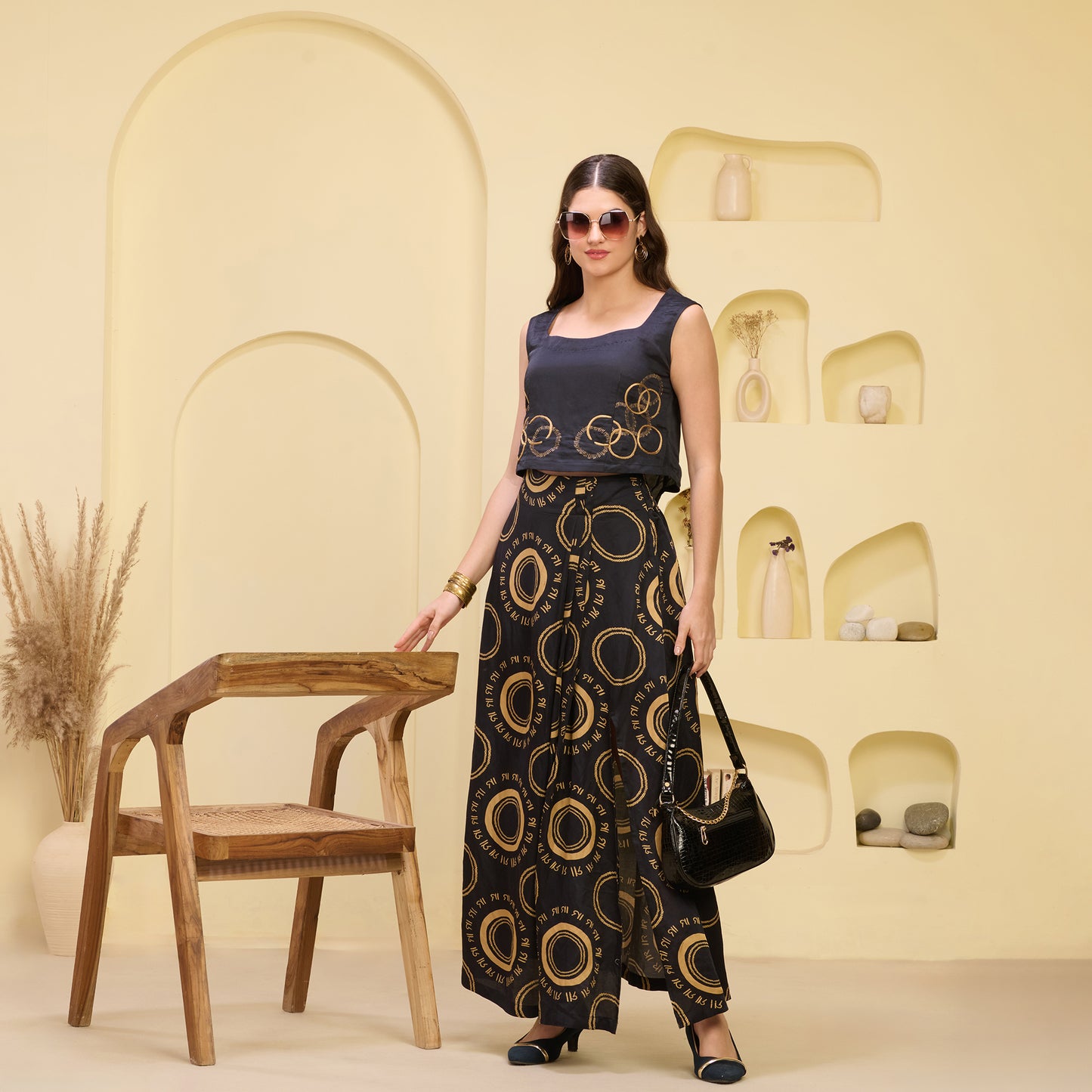 Black and Golden Maa Print Full Length Skirt with Front Slit