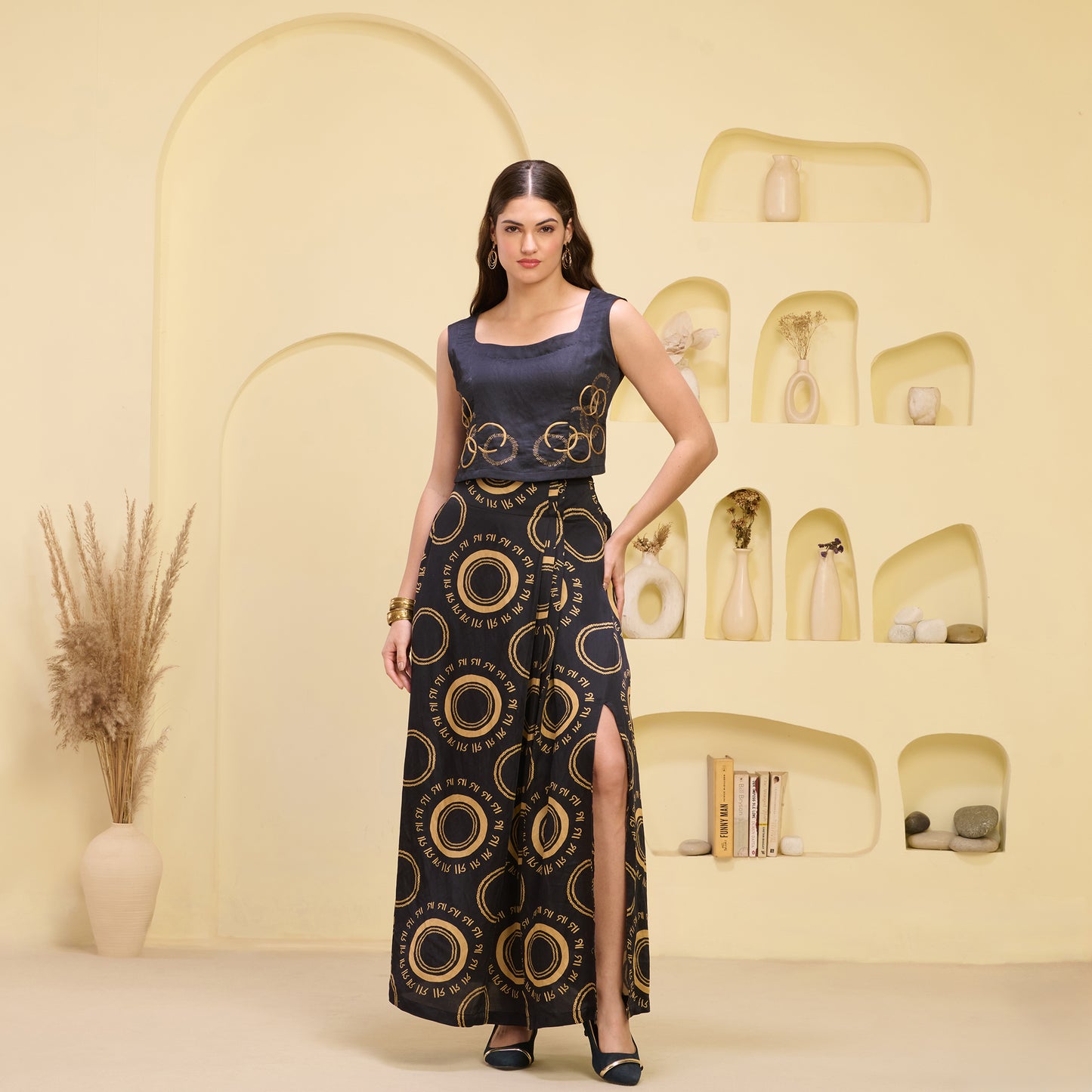 Black and Golden Maa Print Full Length Skirt with Front Slit