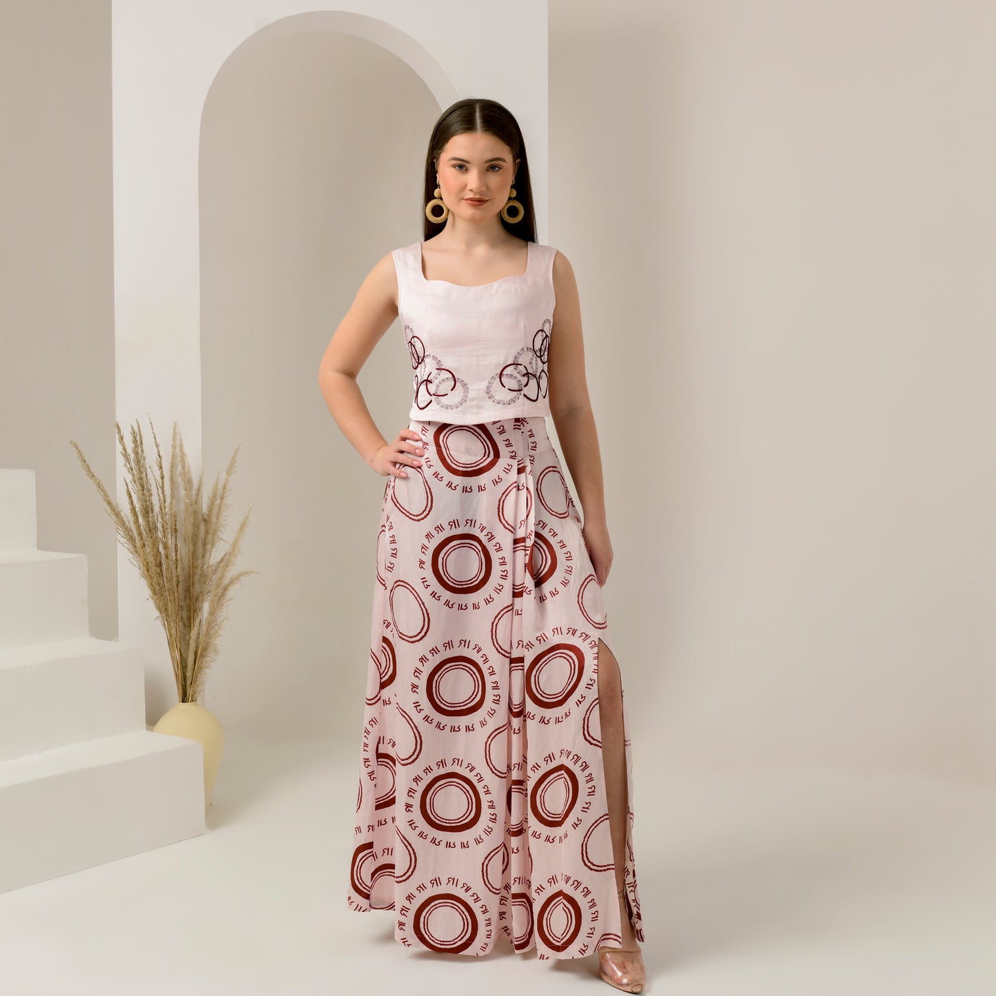 Pink and Red Maa Print Full Length Skirt with Front Slit