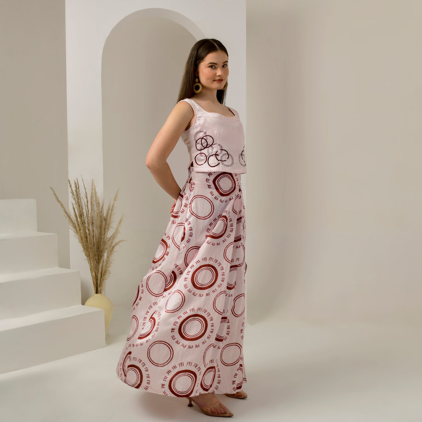 Pink and Red Maa Print Full Length Skirt with Front Slit