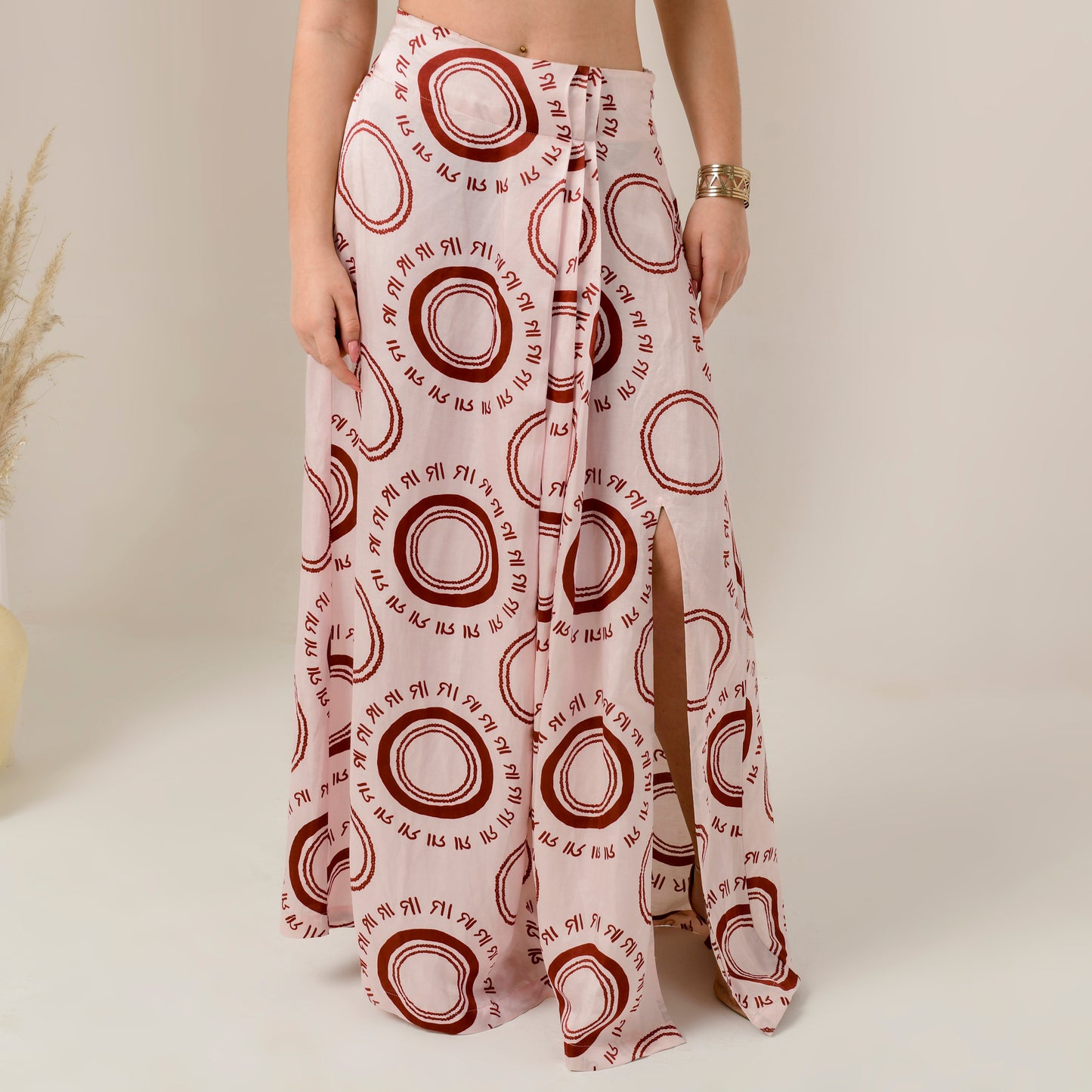 Pink and Red Maa Print Full Length Skirt with Front Slit