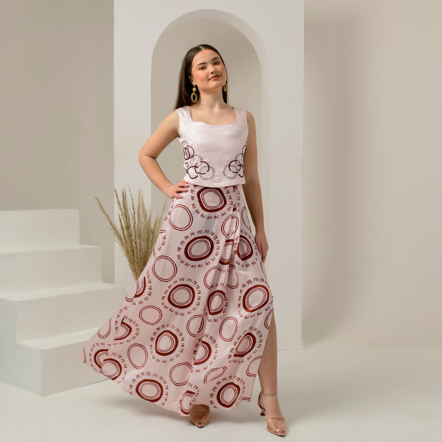 Pink and Red Maa Print Full Length Skirt with Front Slit