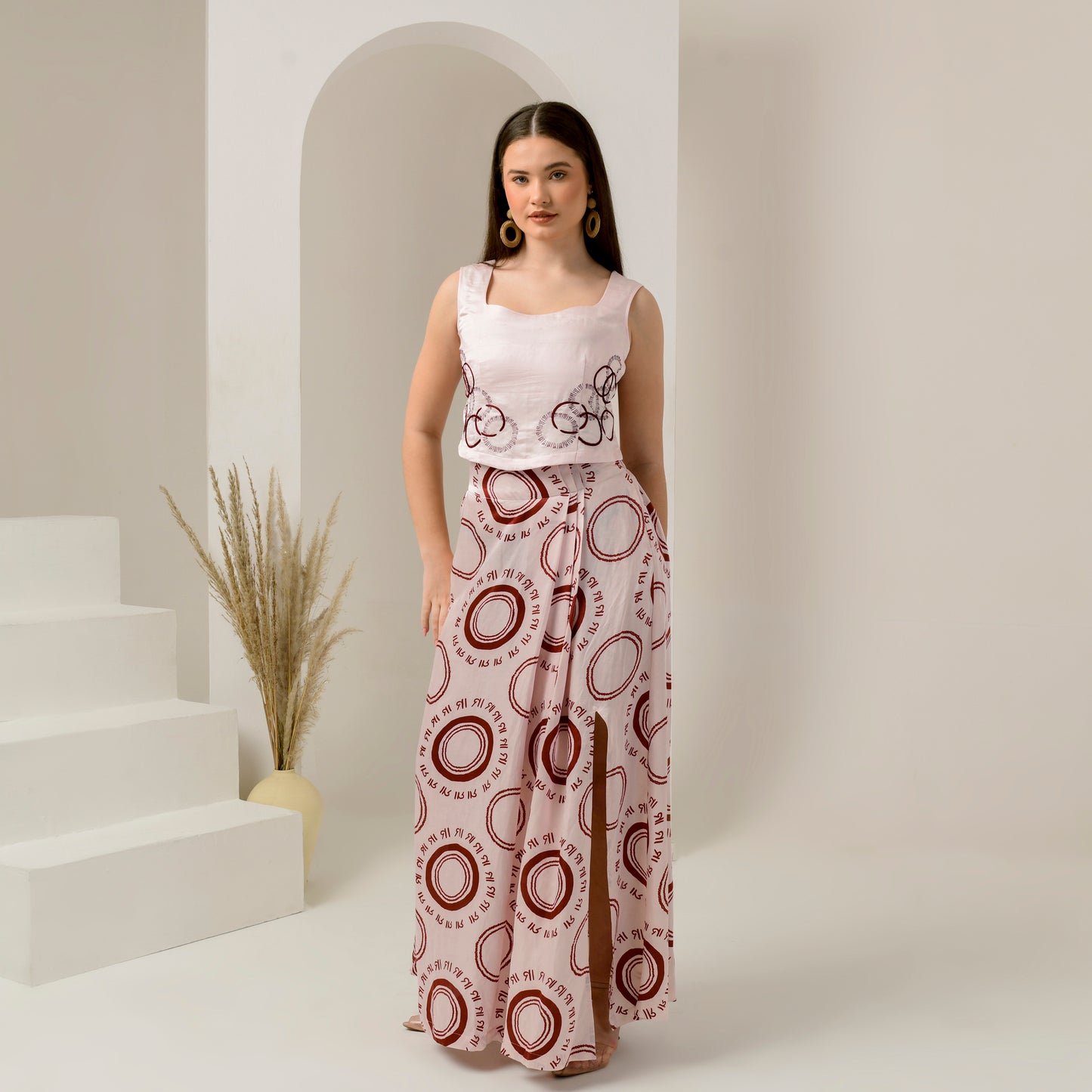 Pink and Red Maa Print Full Length Skirt with Front Slit