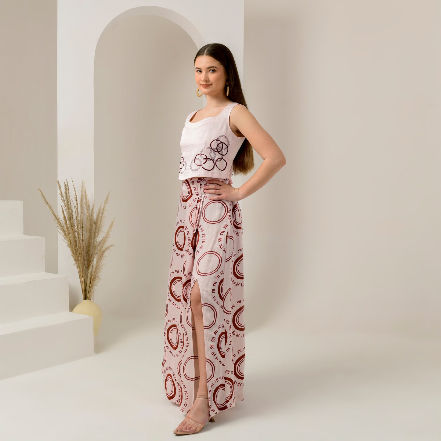 Pink and Red Maa Print Full Length Skirt with Front Slit