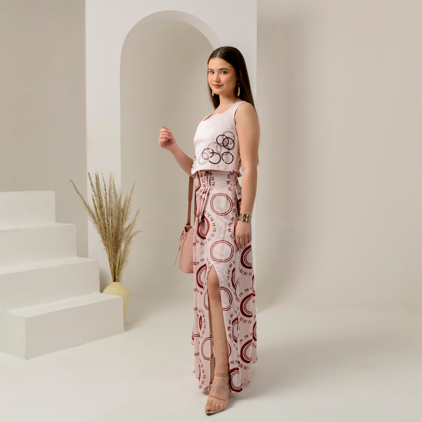 Pink and Red Maa Print Full Length Skirt with Front Slit