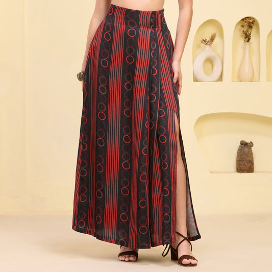 Black and Red Powerful Stripe Print Full Length Skirt with Front Slit