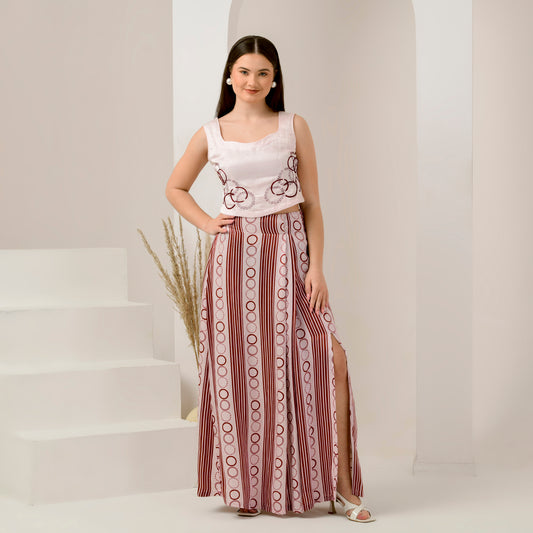 Pink and Red Powerful Stripe Print Full Length Skirt with Front Slit