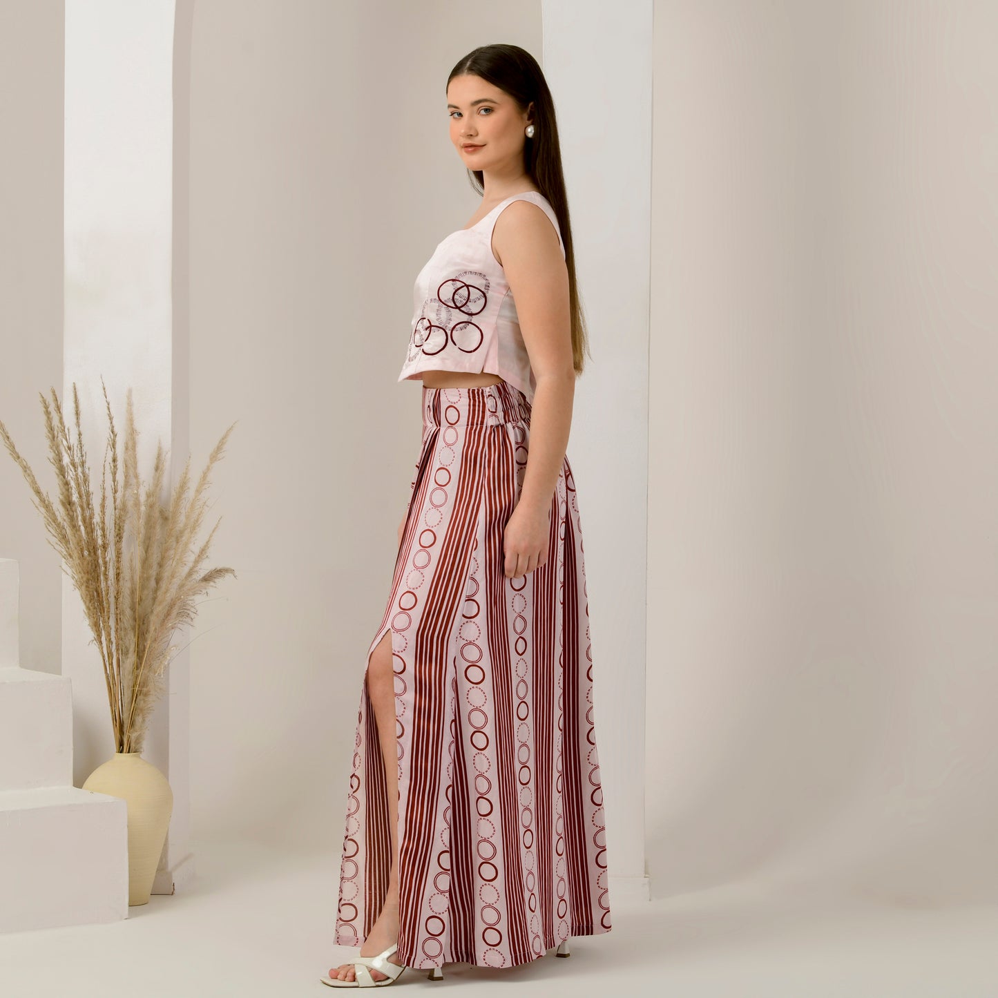 Pink and Red Powerful Stripe Print Full Length Skirt with Front Slit