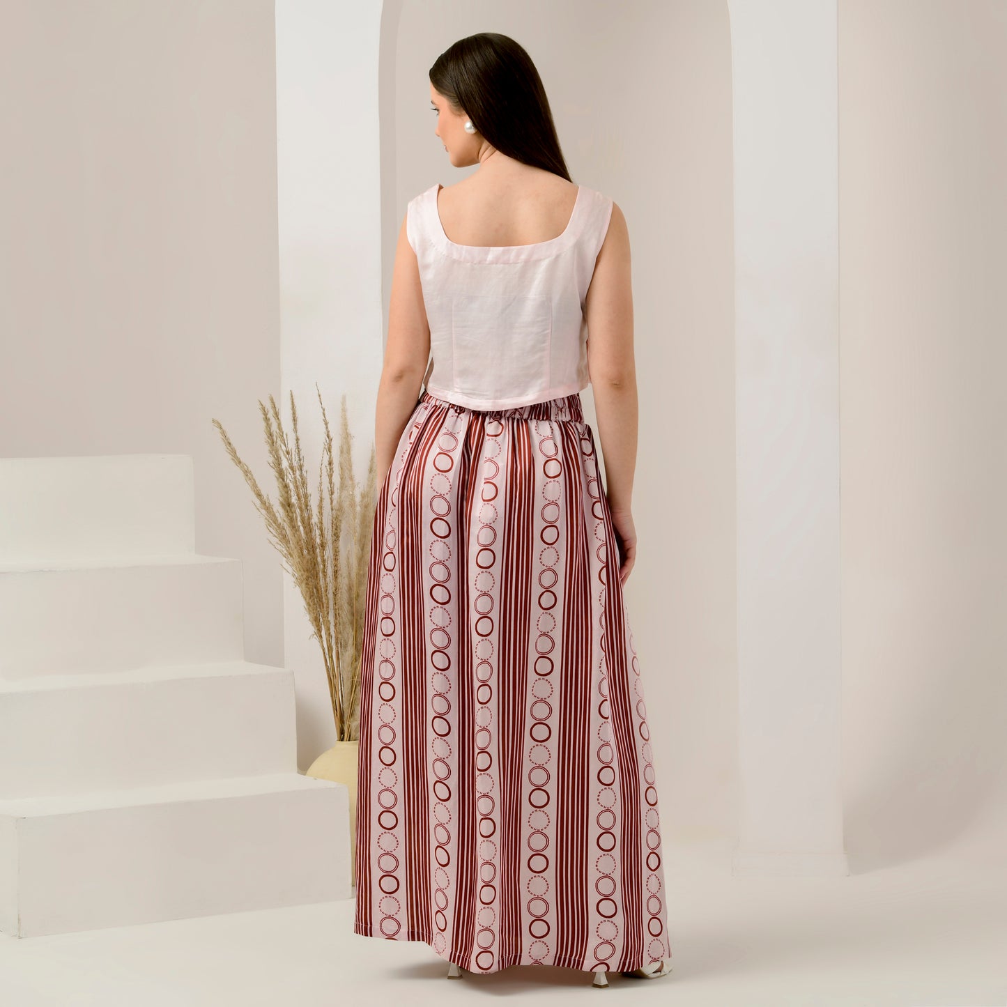 Pink and Red Powerful Stripe Print Full Length Skirt with Front Slit