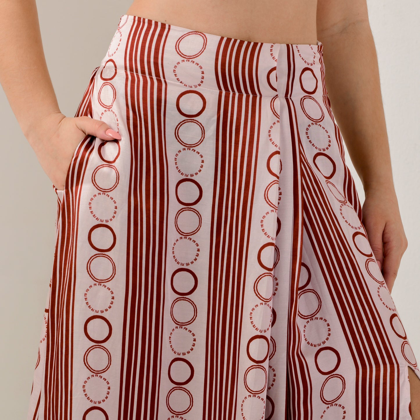 Pink and Red Powerful Stripe Print Full Length Skirt with Front Slit