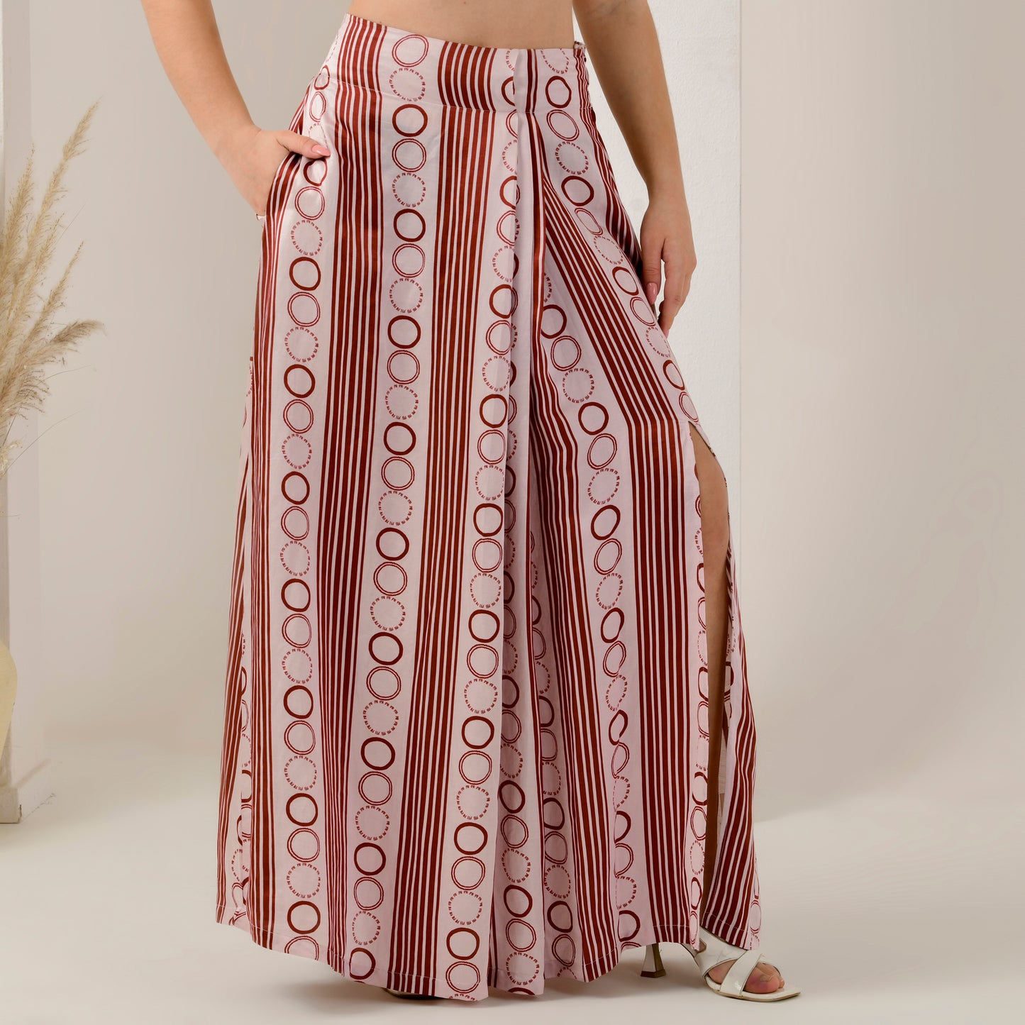 Pink and Red Powerful Stripe Print Full Length Skirt with Front Slit