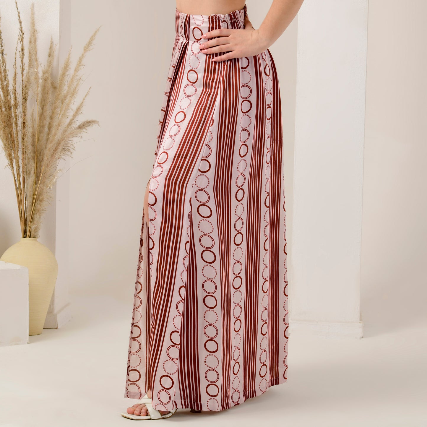 Pink and Red Powerful Stripe Print Full Length Skirt with Front Slit