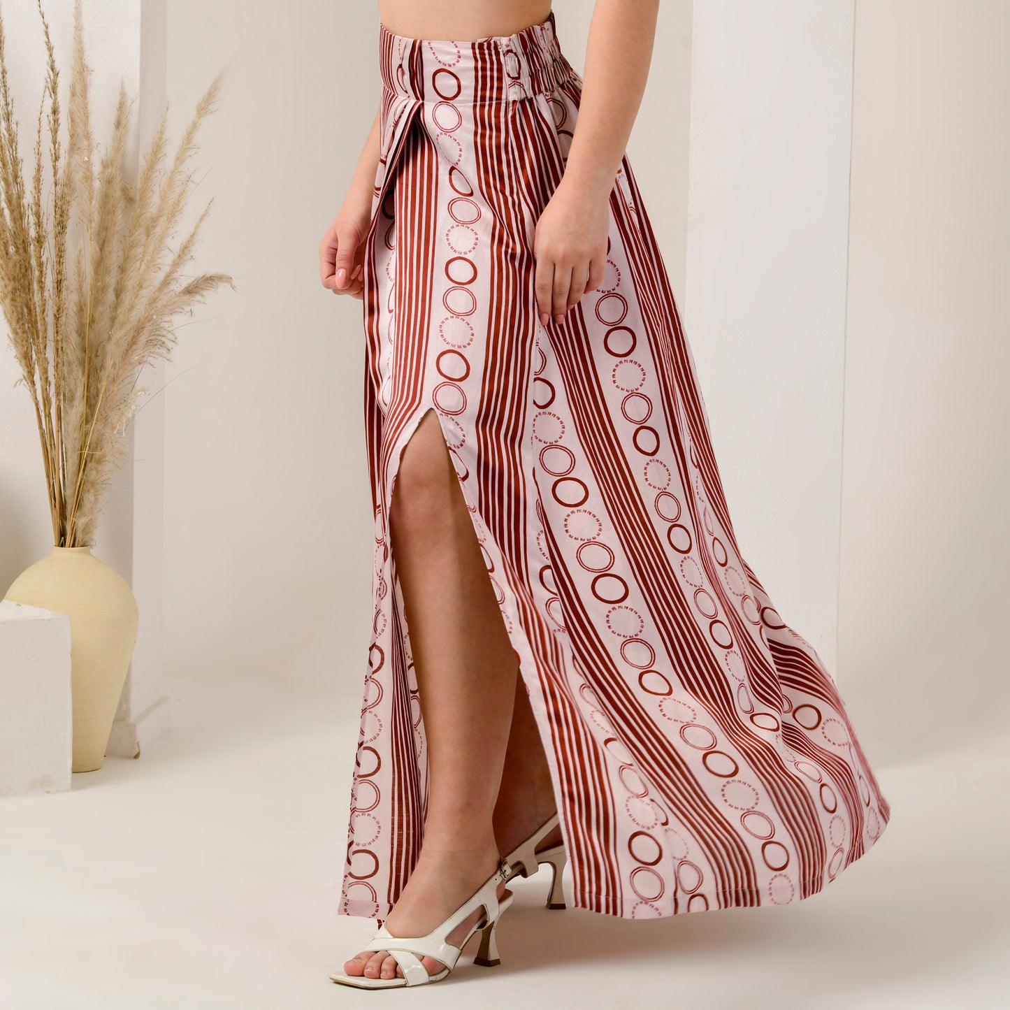 Pink and Red Powerful Stripe Print Full Length Skirt with Front Slit