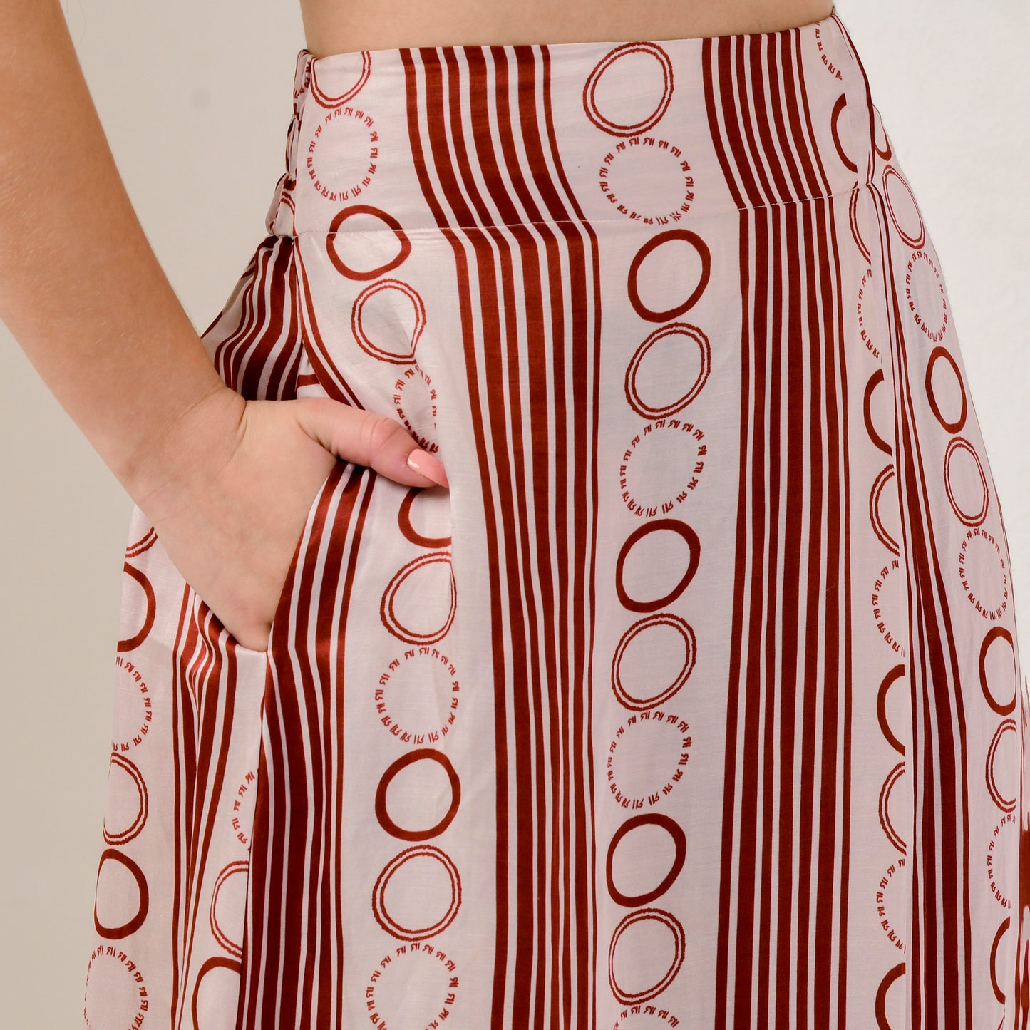 Pink and Red Powerful Stripe Print Full Length Skirt with Front Slit