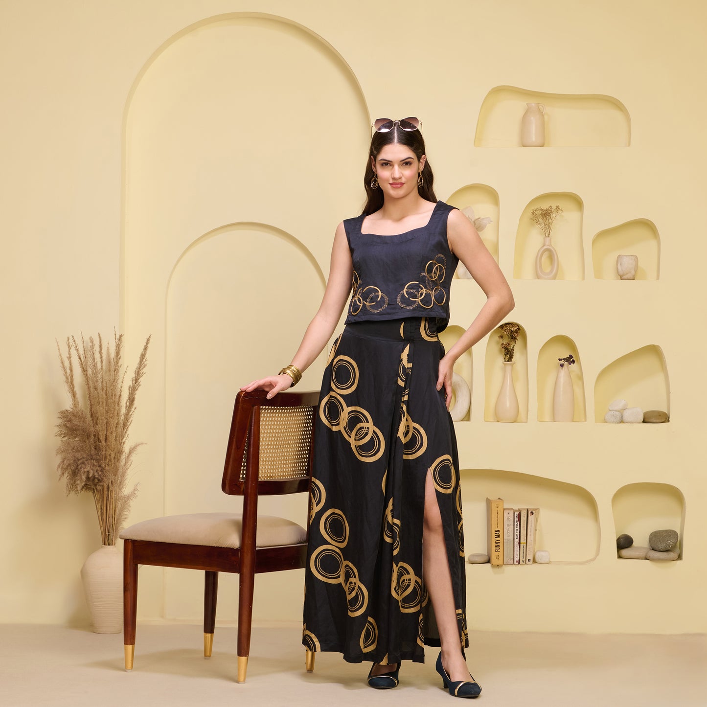 Black and Golden Powerful Print Full Length Skirt with Front Slit