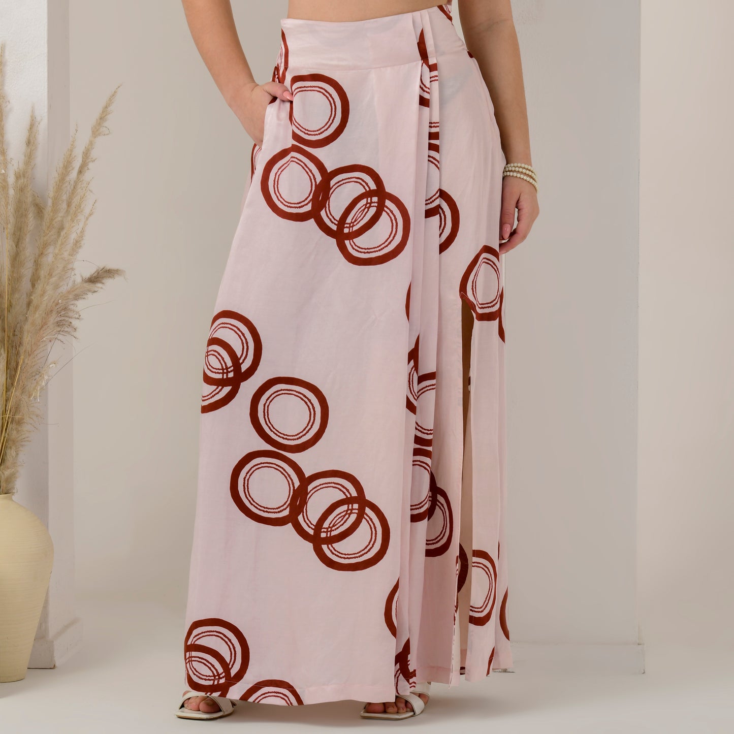 Pink and Red Powerful Print Full Length Skirt with Front Slit