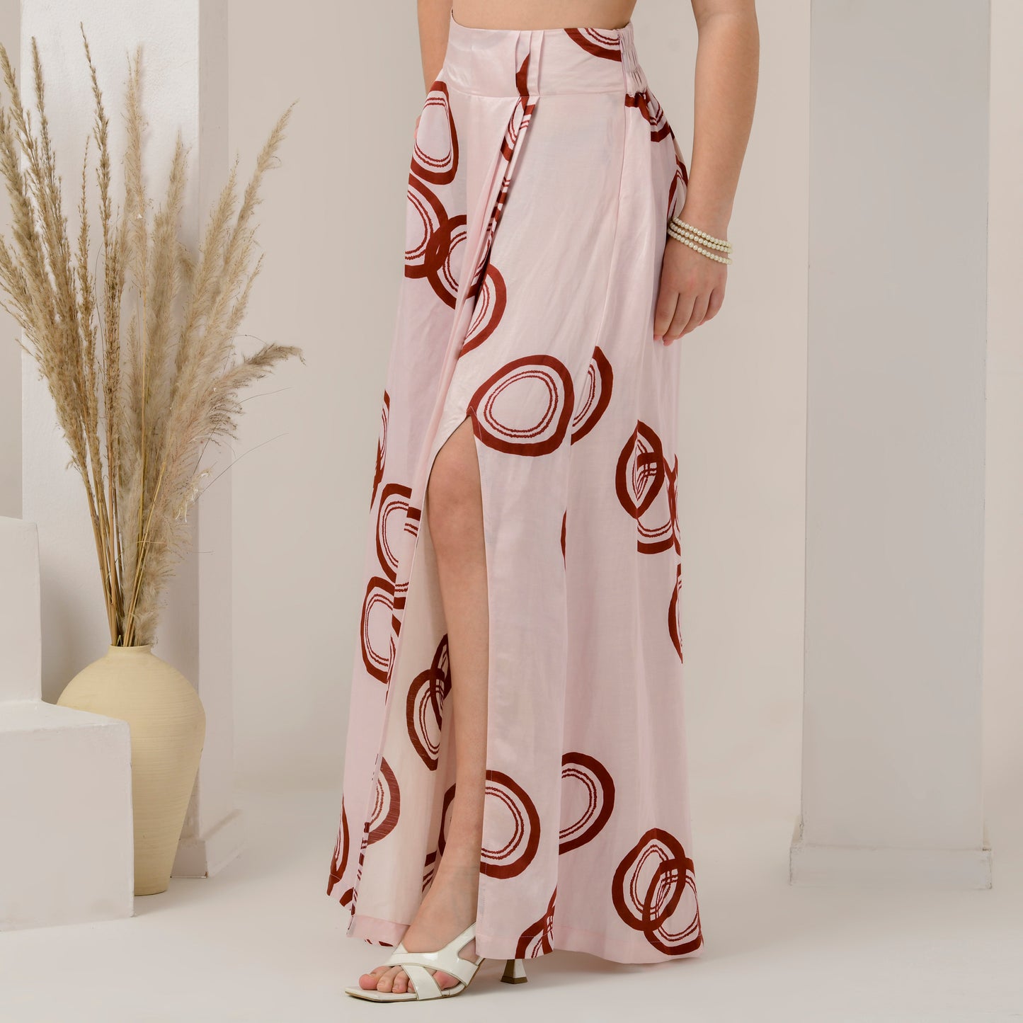 Pink and Red Powerful Print Full Length Skirt with Front Slit