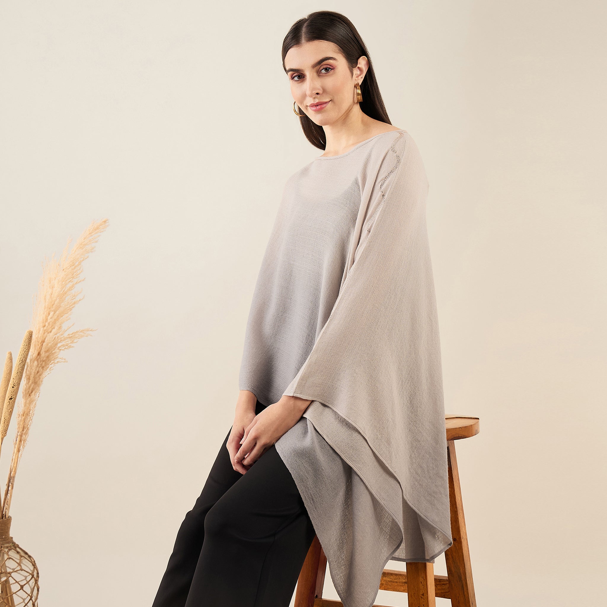 Beige Ombre Asymmetrical Embellished Cashmere Poncho First Resort by Ramola Bachchan