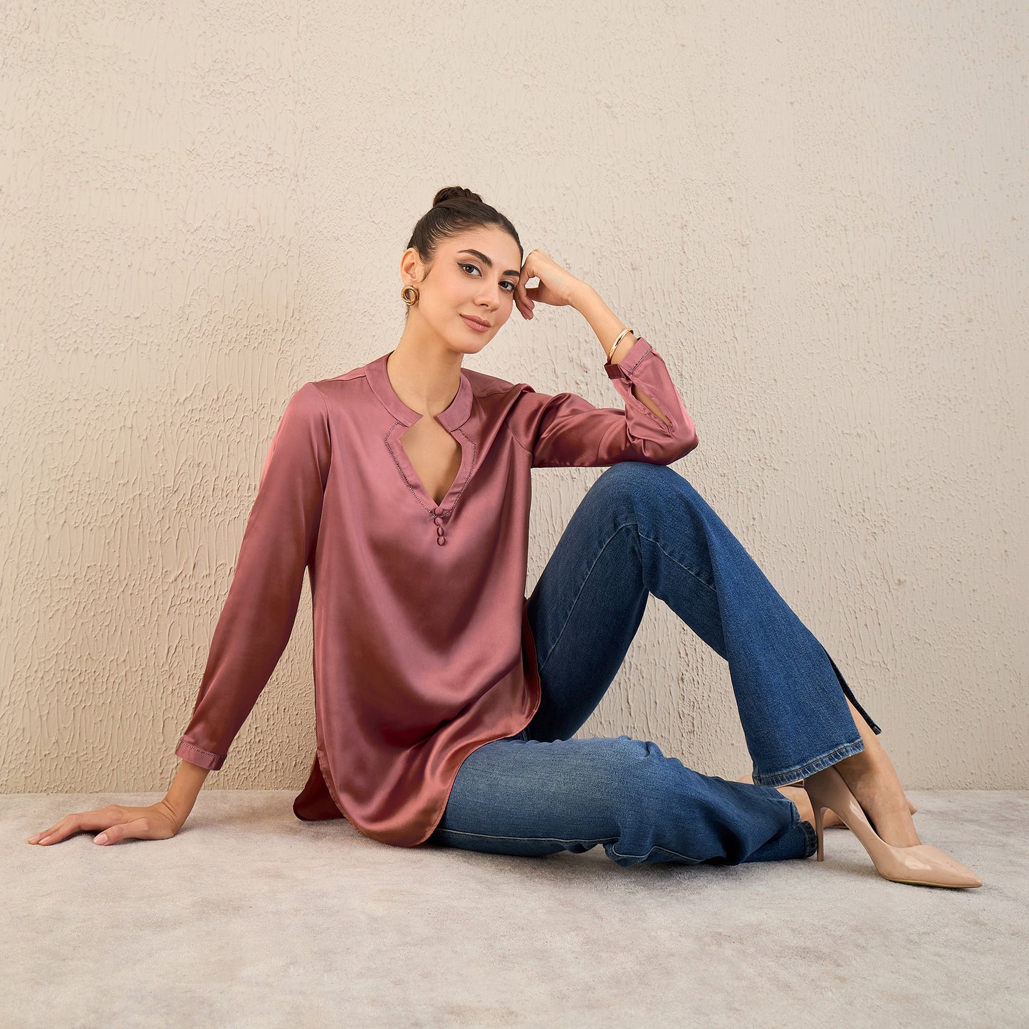 Old Rose Embellished Satin Top