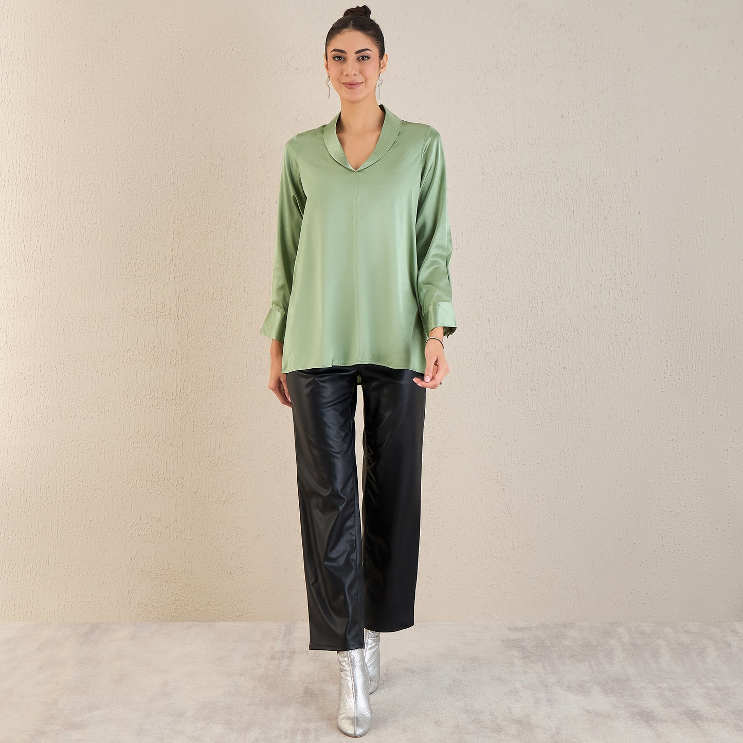 Tea Green Shawl Collar Satin Top