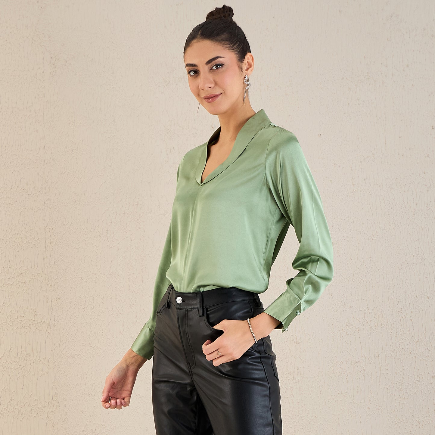 Tea Green Shawl Collar Satin Top