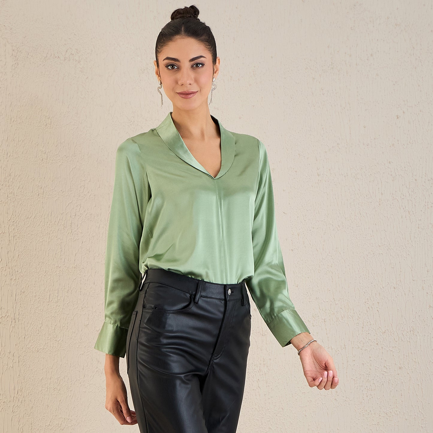 Tea Green Shawl Collar Satin Top