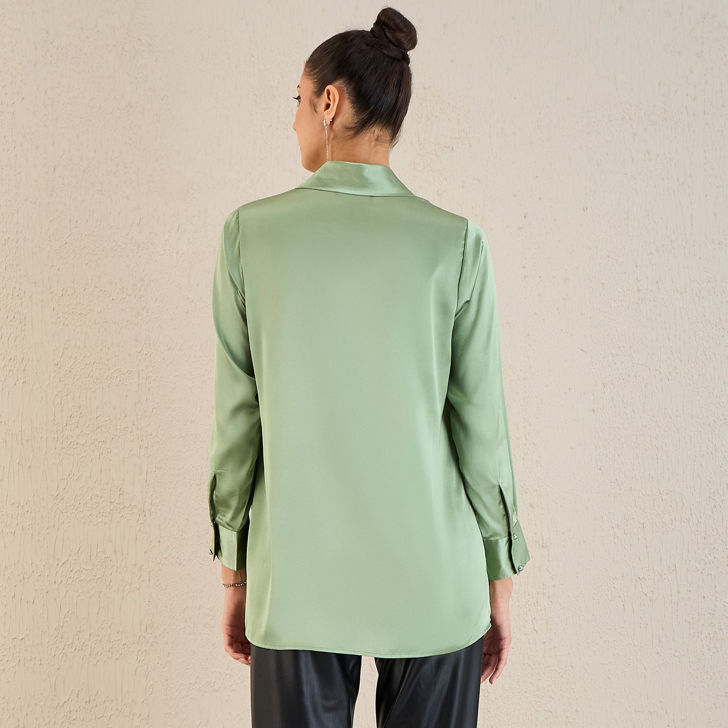 Tea Green Shawl Collar Satin Top