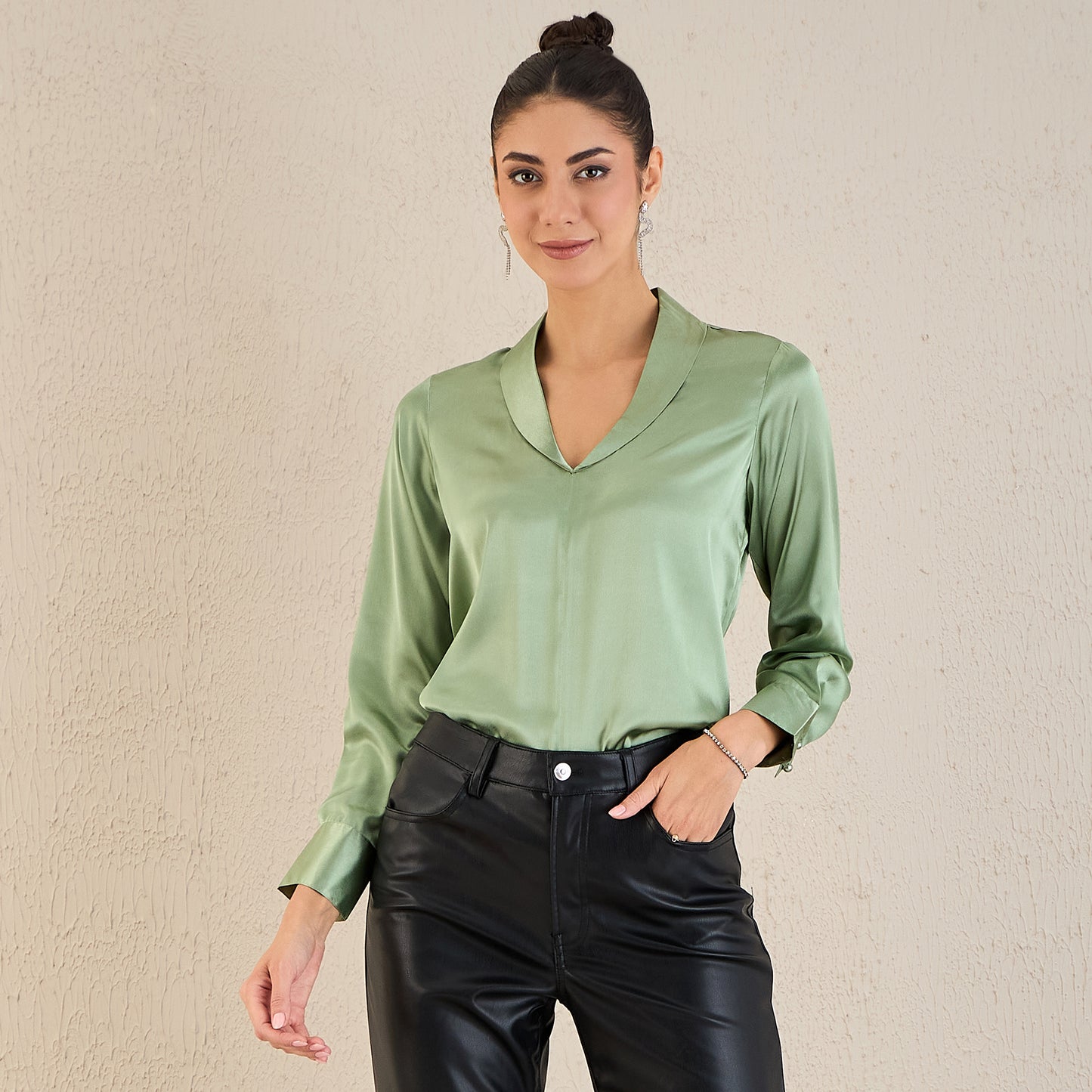 Tea Green Shawl Collar Satin Top