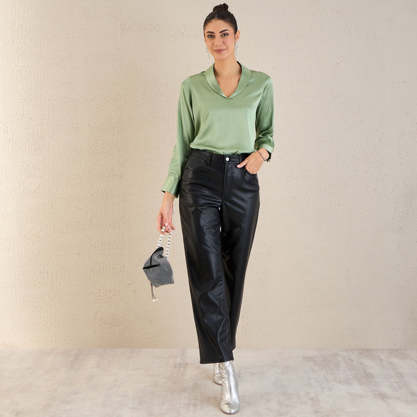 Tea Green Shawl Collar Satin Top