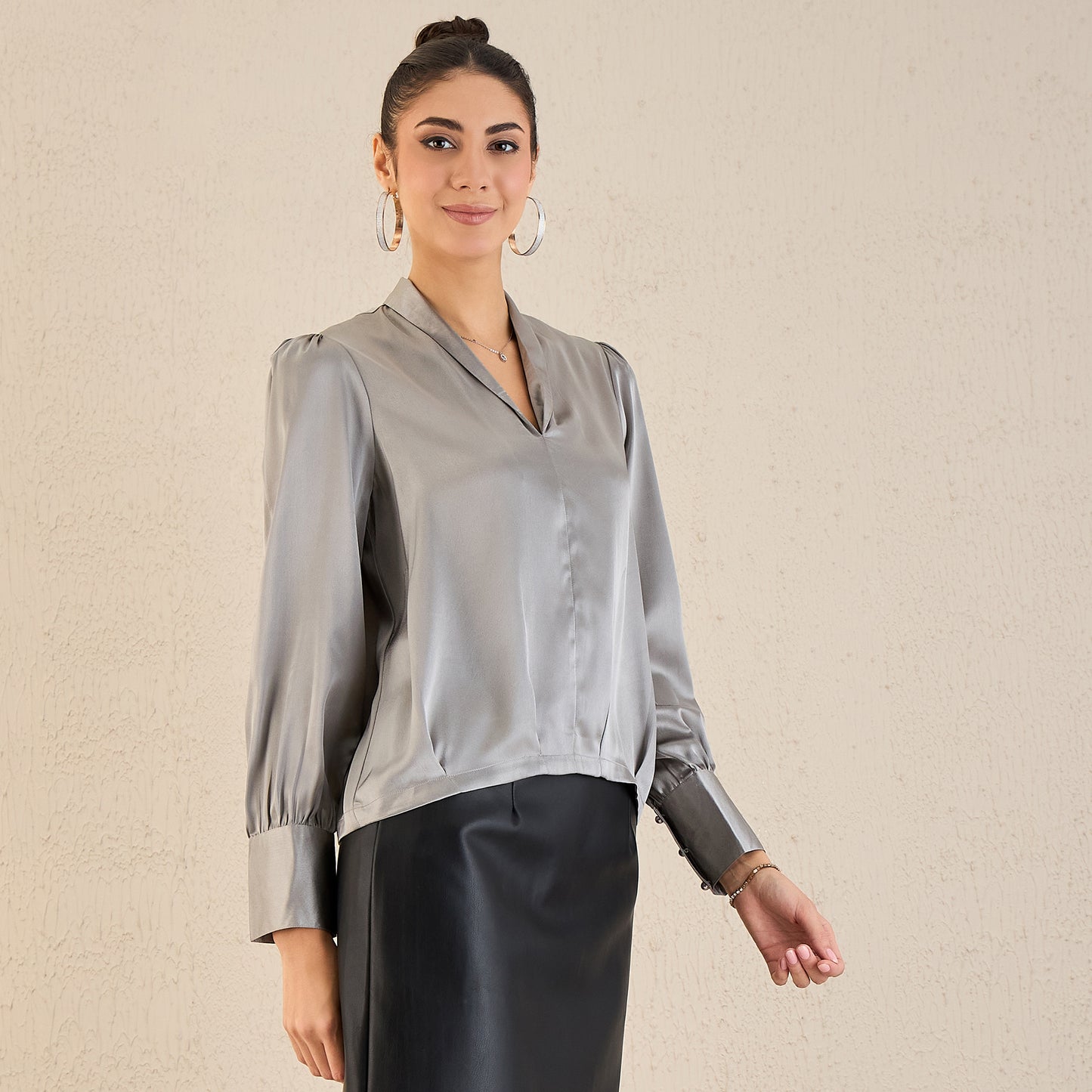 Grey Shawl Collar Satin Top