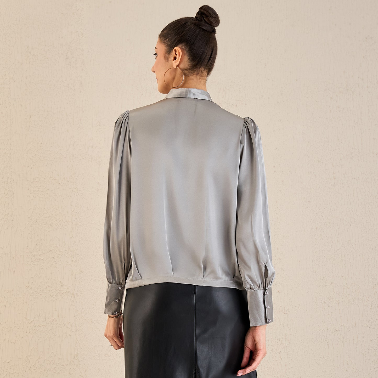 Grey Shawl Collar Satin Top