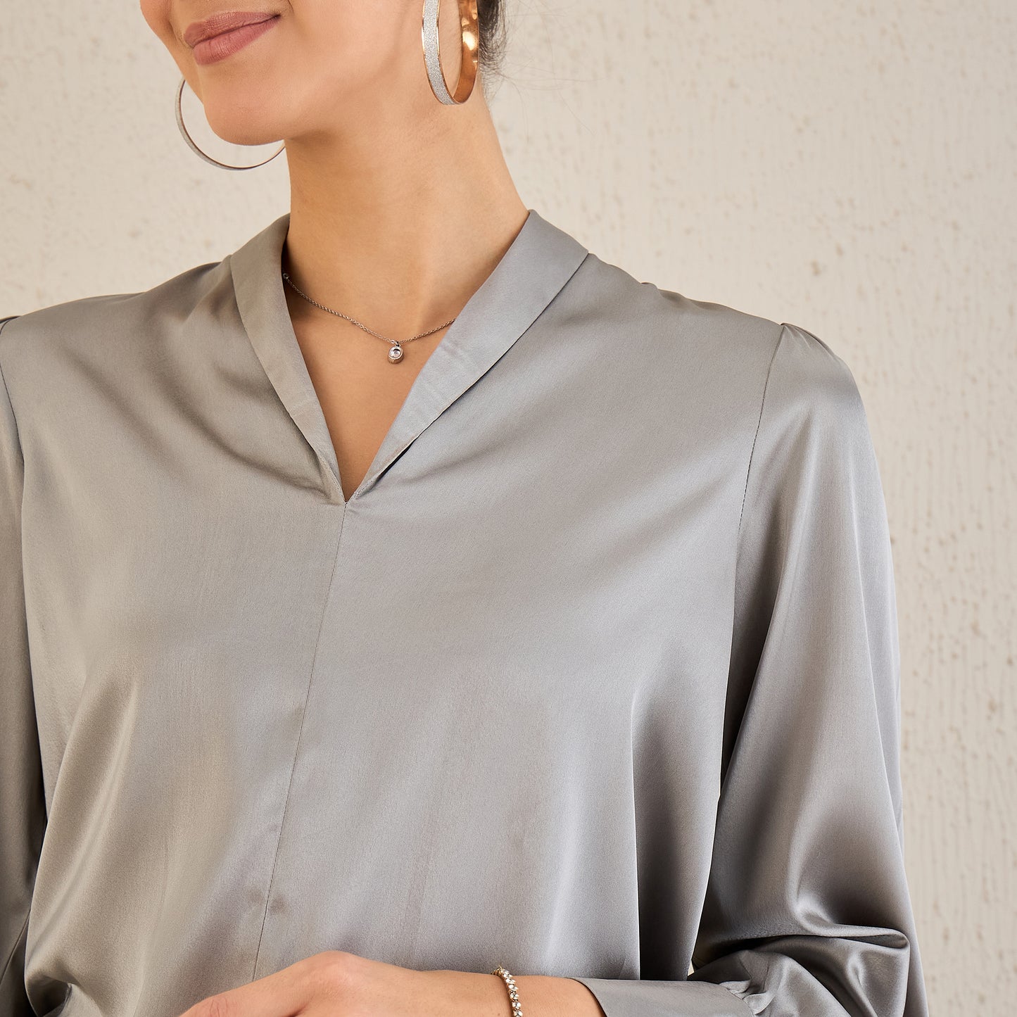 Grey Shawl Collar Satin Top