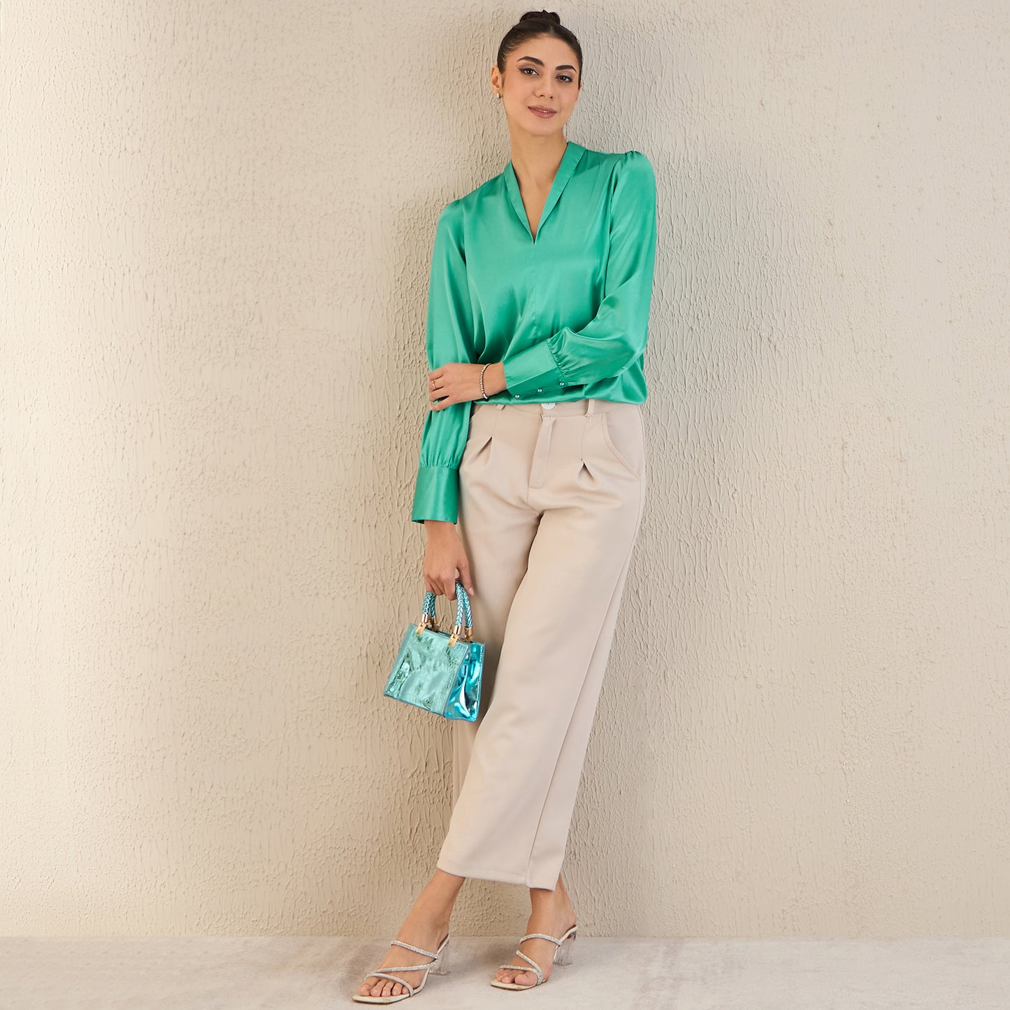 Turquoise Shawl Collar Satin Top