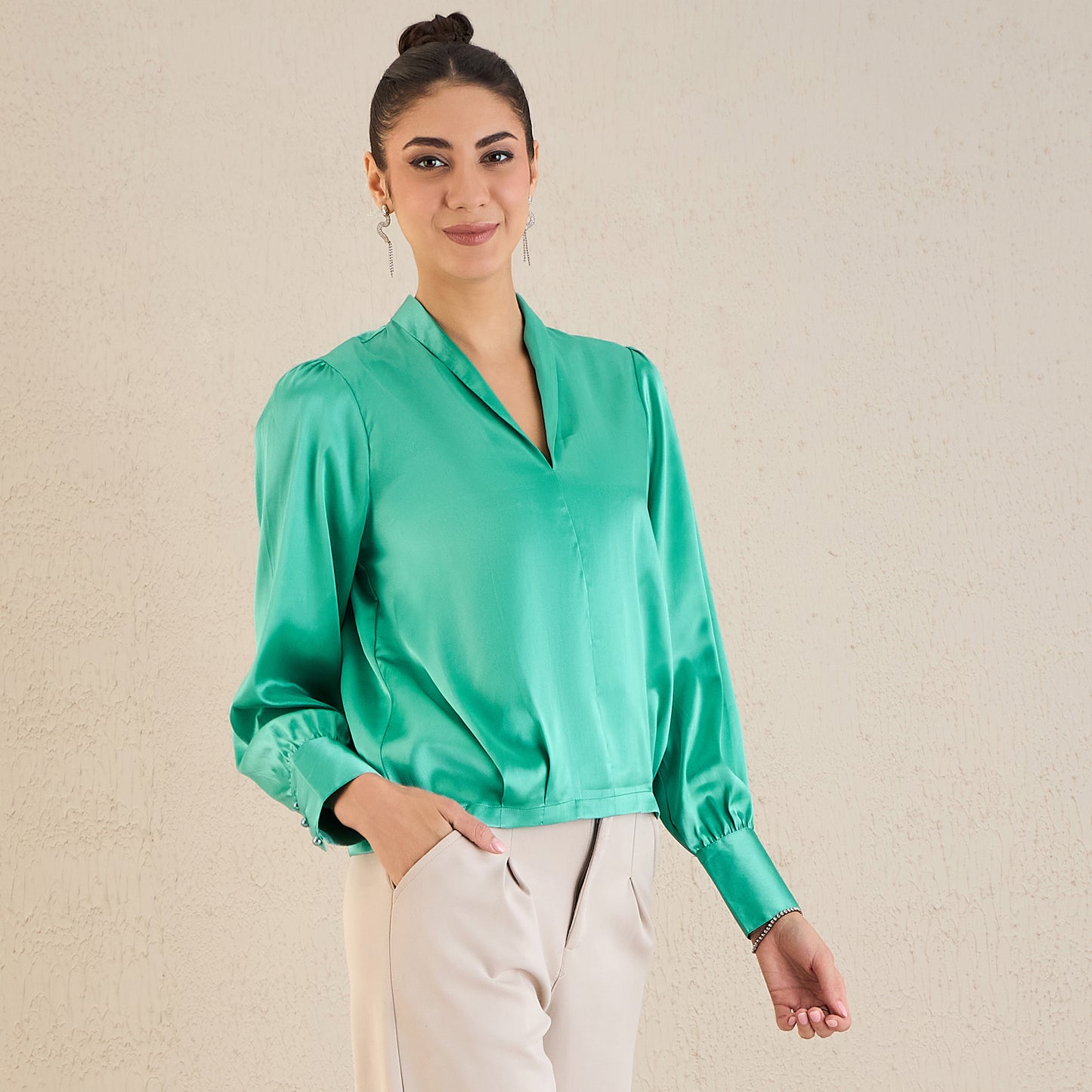 Turquoise Shawl Collar Satin Top