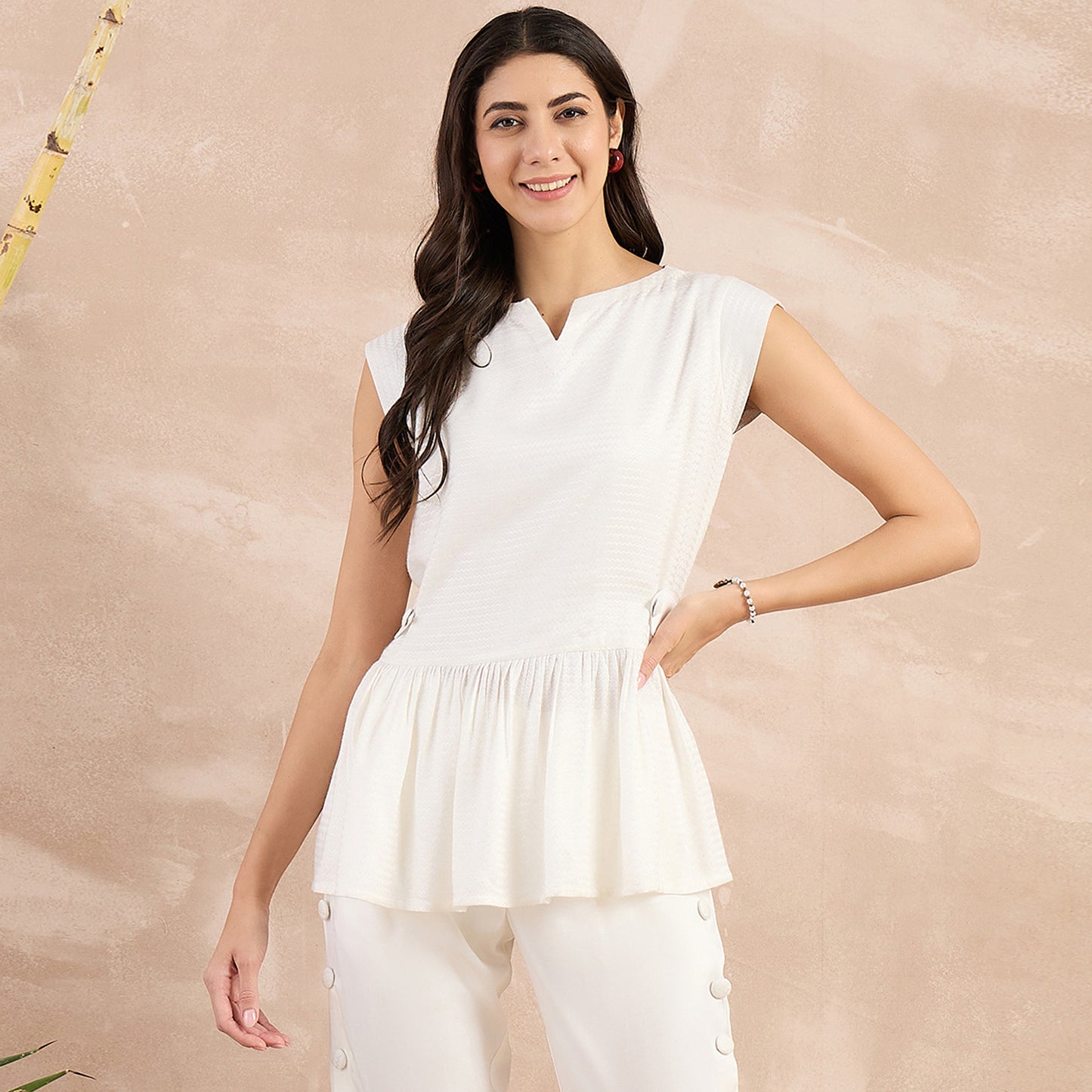 Off-White Herringbone Peplum Top