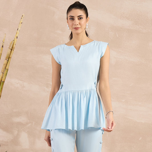 Sky Blue Herringbone Peplum Top