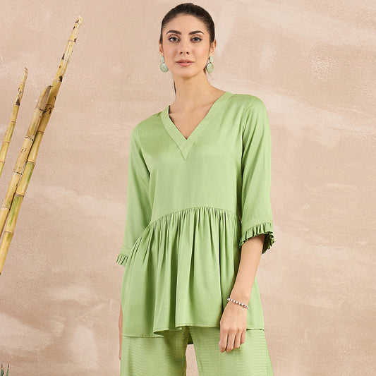 Pastel Green Herringbone V-Neck Peplum Top