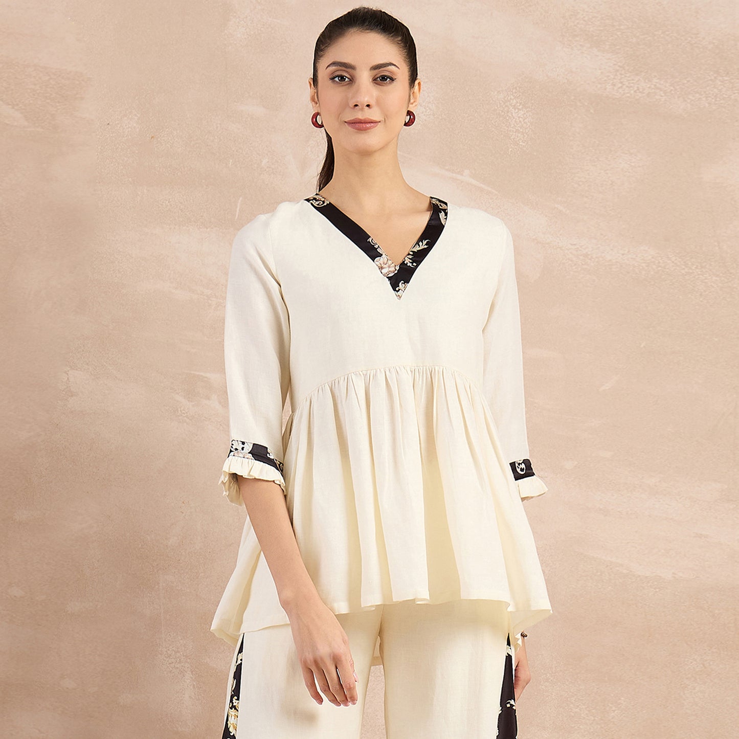 Off-White and Black Baroque Printed Linen Top