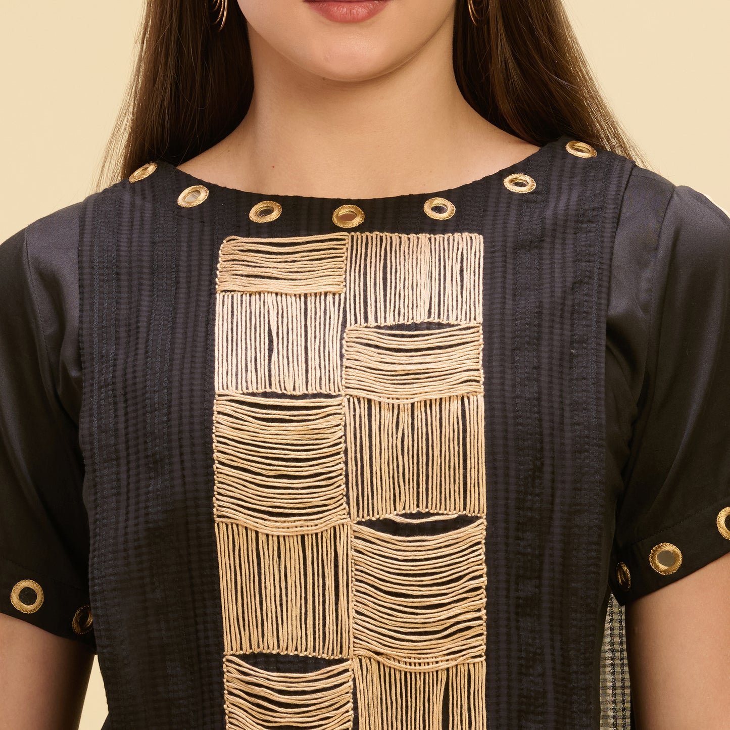 Black and Golden Hand Embroidered Asymmetric Top