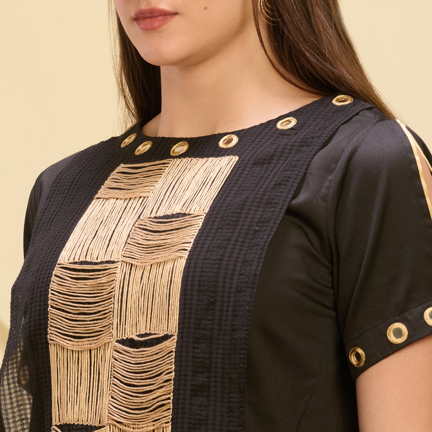 Black and Golden Hand Embroidered Asymmetric Top