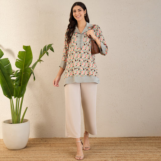 Pale Grey and Peach Geometric Print Tunic