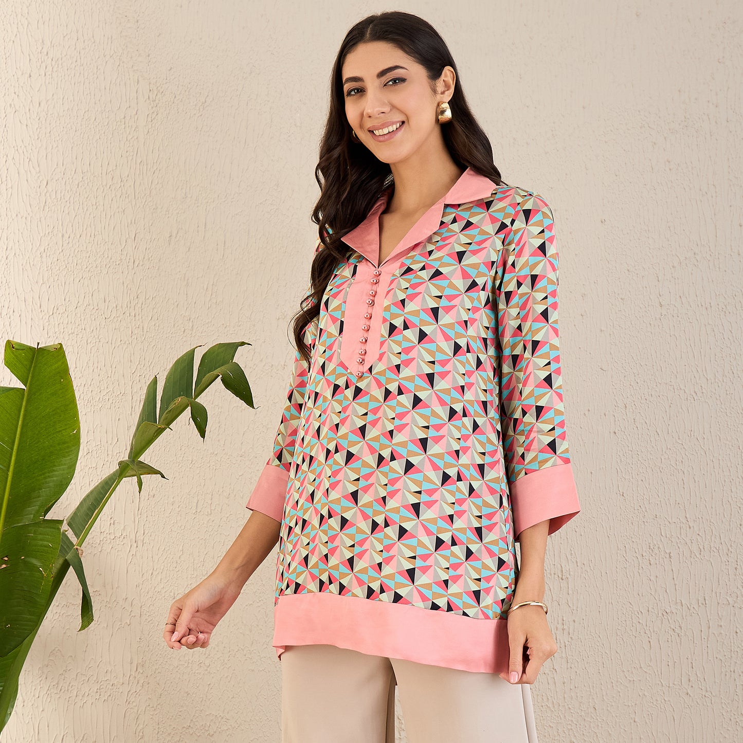 Rose Pink and Cyan Geometric Print Tunic