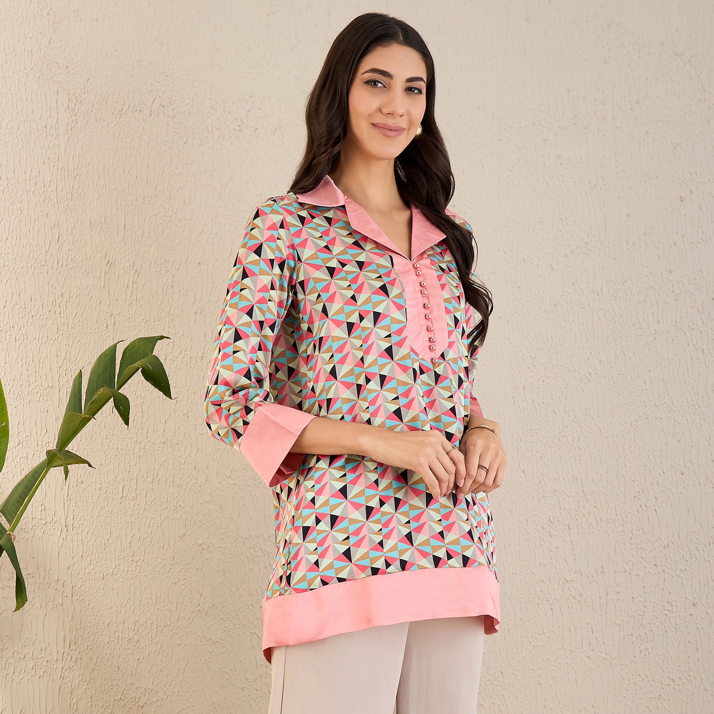 Rose Pink and Cyan Geometric Print Tunic